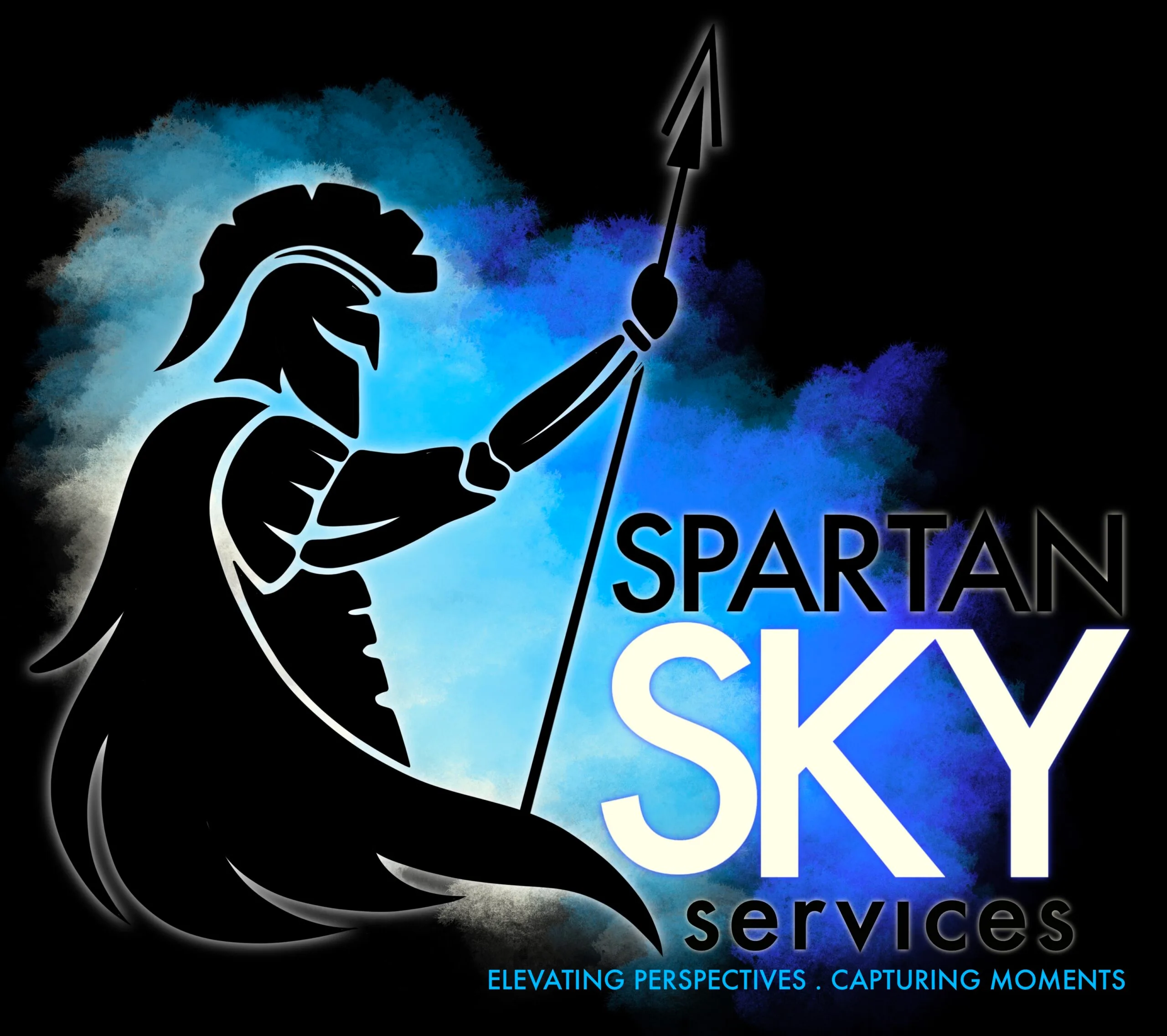 Black background with and outline of a spartan soldier holding a spear on a varied blue background and the text "Spartan SKY services; ELEVATING PERSPECTIVES . CAPTURING MOMENTS" on the picture.